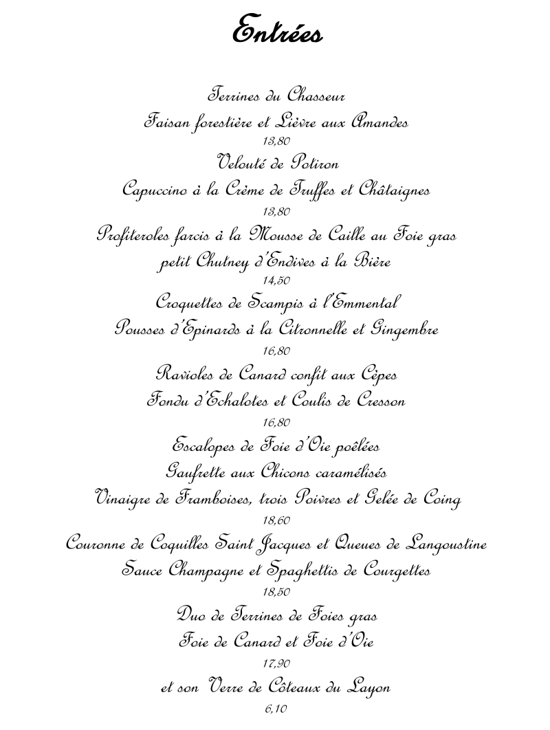 Menus et carte pour L&amp;#39;Auberg&amp;#39;In Cuisine française à Woluwe-Saint-Pierre ...