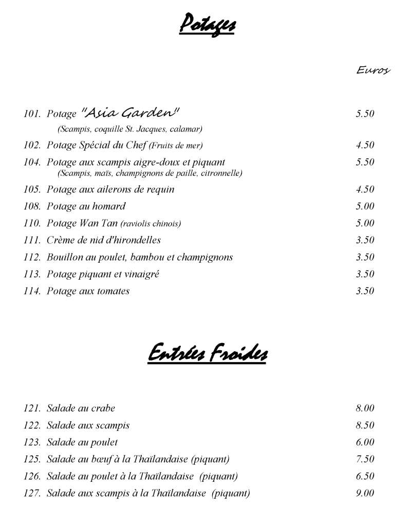 Menus et carte pour Asia Garden Restaurant chinois à Namur