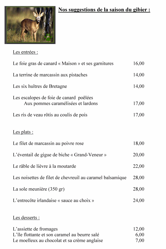 Menus et carte pour Le Clair de Lune Restaurant à SaintServais (Namur)