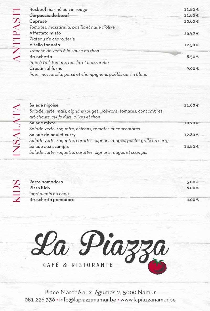 Menus et carte pour La Piazza Restaurant à Namur
