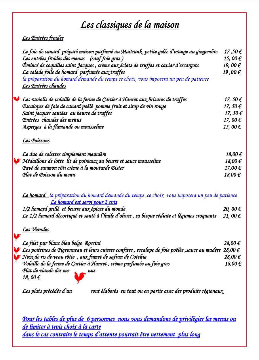 Menus et carte pour Restaurant Michel Franse keuken à Boninne