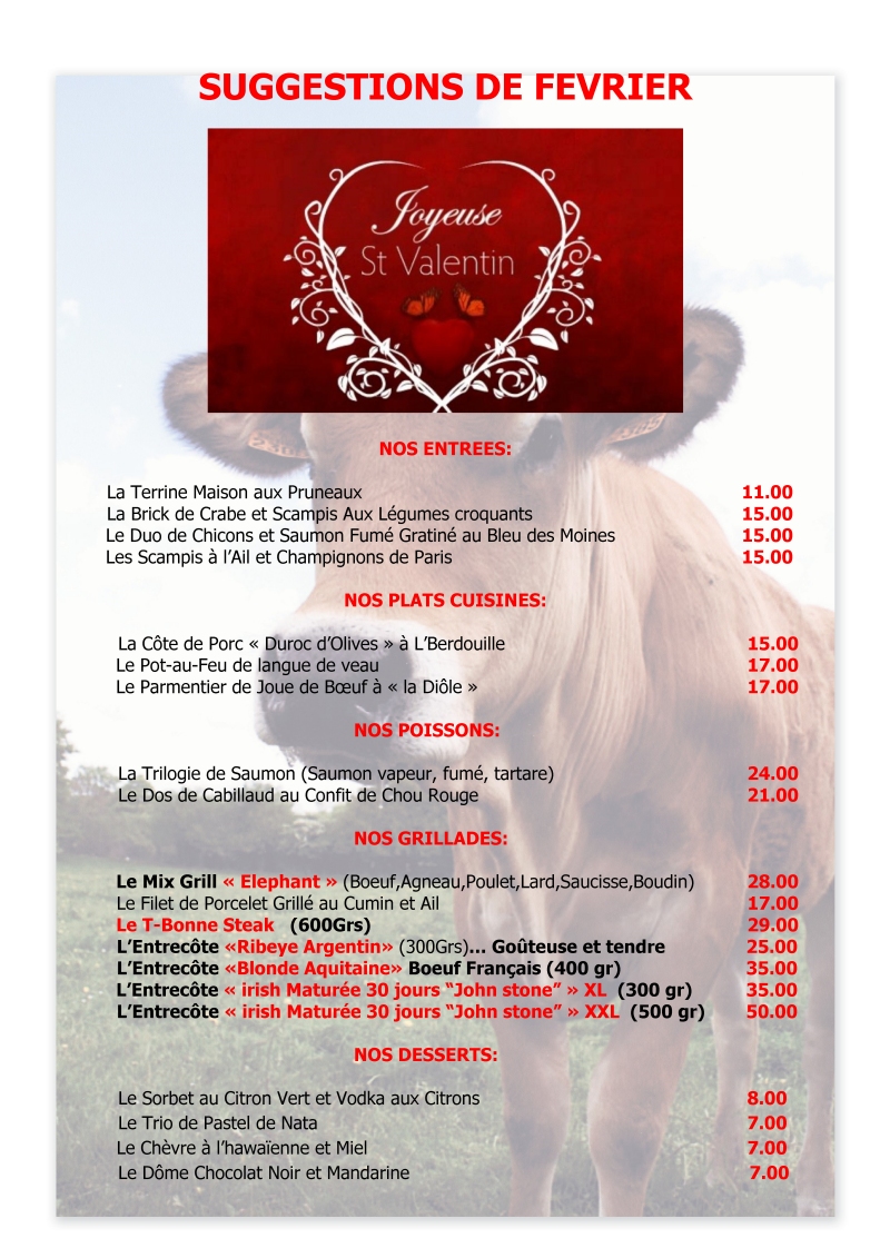 Menus et carte pour Au Boeuf qui rit Le N°1 de la Viande Grillée à
