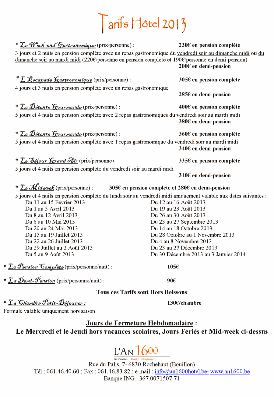 Menus et carte pour L'an 1600 Auberge Restaurant à Rochehaut (Bouillon)