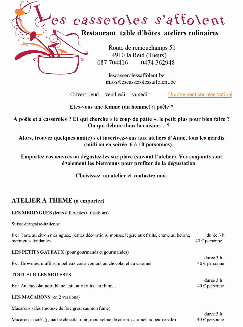 Menus et carte pour Les casseroles s'affolent Restaurant Table d
