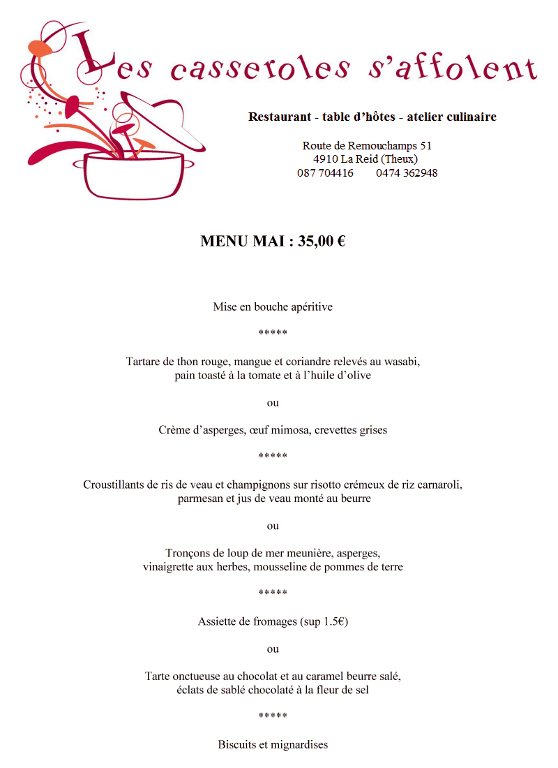 Menus et carte pour Les casseroles s'affolent Restaurant Table d